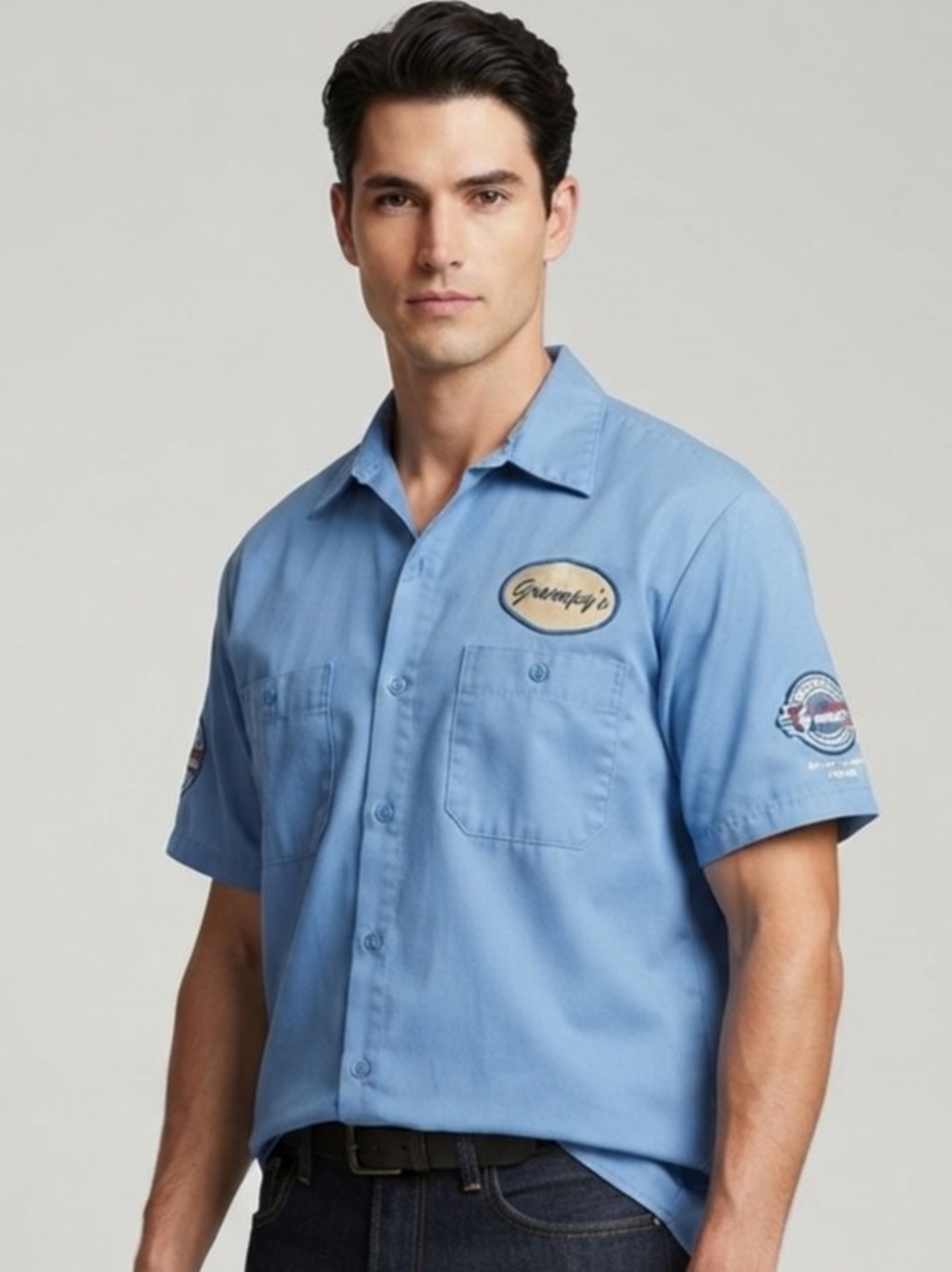 Light Blue Short-Sleeve Work Button-Down Shirt with Patch Details